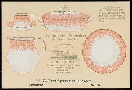 Trade card for N.C. Bridgman & Son, household furnishers, Lebanon, New Hampshire, 1895