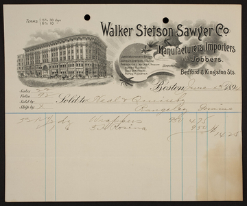 Billhead for Walker Stetson Sawyer Co., Bedford & Kingston Streets, Boston, Mass., dated June 13, 1894