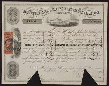 Stock certificate for the Boston and Providence Rail Road Corporation, Boston, Mass., dated May 31, 1872