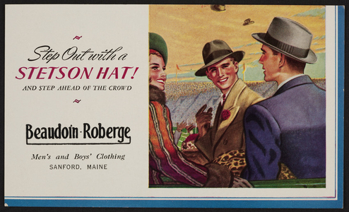 Trade card for Beaudoin Roberge, men's and boys' clothing, Sanford, Maine, undated