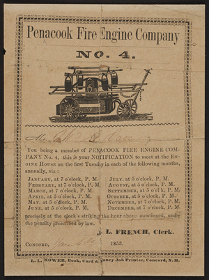 Penacook Fire Engine Company No. 4, Concord, New Hampshire, dated January 4, 1853
