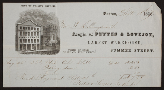 Billhead for Pettes & Lovejoy, carpet warehouse, Summer Street, Boston, Mass., dated September 18, 1856