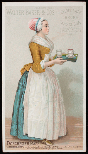 Trade card for Walter Baker & Co's. chocolate, broma and cocoa preparations, Dorchester, Mass., undated