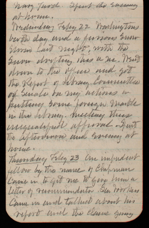 Thomas Lincoln Casey Notebook, February 1893-May 1893, 04, Navy Yard. Spent the evening at home