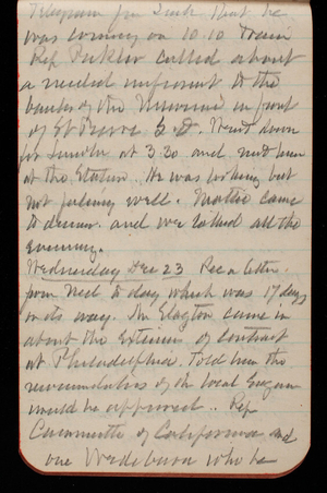 Thomas Lincoln Casey Notebook, October 1891-December 1891, 94, telegram from Link that he was