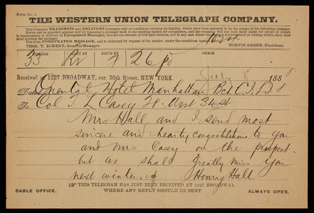 Henry Hall to Thomas Lincoln Casey, July 8, 1888, telegram