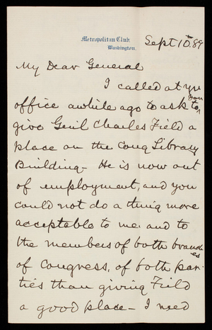 W. C. Butler to Thomas Lincoln Casey, September 10, 1889