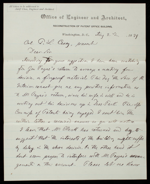 Adolph Cluss to Thomas Lincoln Casey, August 2, 1879