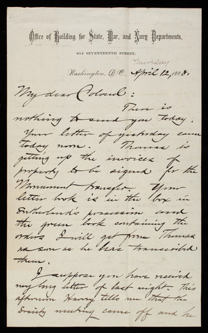 Bernard R. Green to Thomas Lincoln Casey, April 12, 1888