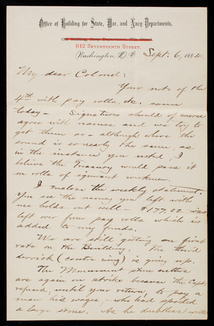 Bernard R. Green to Thomas Lincoln Casey, September 6, 1884