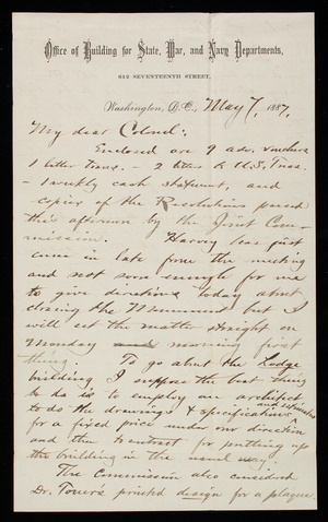 Bernard R. Green to Thomas Lincoln Casey, May 7, 1887