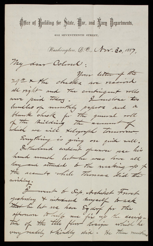 Bernard R. Green to Thomas Lincoln Casey, November 30, 1887
