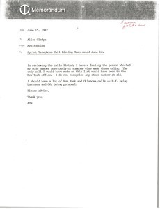 Memorandum from Ayn Robbins to Alice Gladys