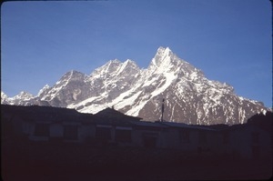 Mount Everest from Tengboche Monastery in early morning light
