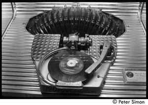 View of the turntable and record array in a Rock-ola jukebox