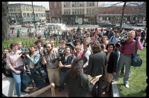 Scene outside the Hampshire County courthouse following acquittal in the CIA protest trial: the new media crowd around