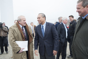 Gov. Deval Patrick (right) talking with Massachusetts Municipal Wholesale Electric Company CEO, Ronald Di Curzio, at ribbon cutting ceremony, Berkshire Wind Power Project