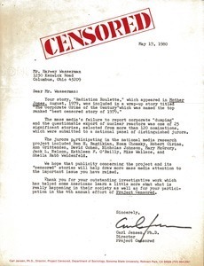 Letter from Project Censored to Harvey Wasserman