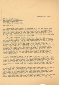 Letter from W. E. B. Du Bois to W. Lloyd Warner