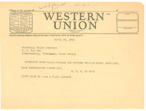 Telegram from W. E. B. Du Bois to Transvaal Peace Congress