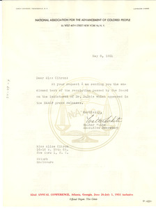 Form letter from NAACP to National Committee to Defend Dr. W. E. B. Du Bois and Associates in the Peace Information Center