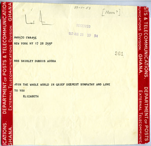Telegram from Elizabeth Moos to Shirley Graham