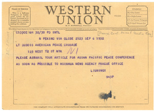 Telegram from Peace Conference of the Asian and Pacific Regions to W. E. B. Du Bois