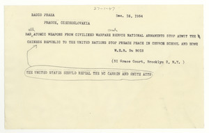 Telegram from W. E. B. Du Bois to Radio Praha