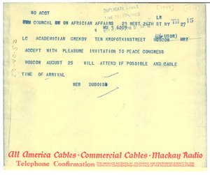 Telegram from W. E. B. Du Bois to B. D. Grekov