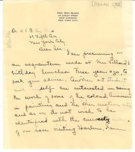 Letter from Helen Block to W. E. B. Du Bois