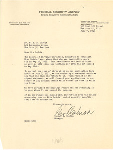 Letter from United States Federal Security Agency to W. E. B. Du Bois