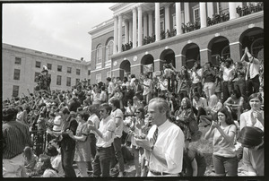 Demonstration at State House against the killings at Kent State: protesters on State House steps applauding