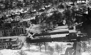 Aerial view of snowy buildings