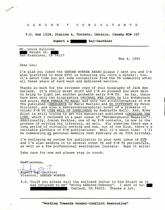 Correspondence from Rupert Raj to Lou Sullivan (May 4, 1990)