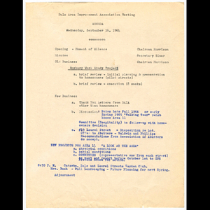 Agenda for Dale Area Improvement Association meeting held September 16, 1964