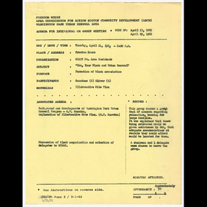 Agenda, minutes and attendance list for "You, your block and urban renewal" Cliff Street area and "You, your block and urban renewal" Brookledge-Hutchings area meetings in April 1962