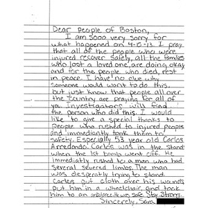 Letter to Boston from a student at Dunn Elementary School (Arlington, Texas)
