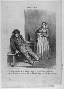 Ma femme, t'as tort de me blâmer... comme l'a dit un fameux philosophe... y n'y a que de boire du vin sans soif qui distingue l'homme du reste des animaux!..