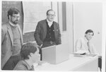 Suffolk University Professor John Cavanagh (CAS) teaching history course with Professor Ken Greenberg (CAS), photograph, 1982