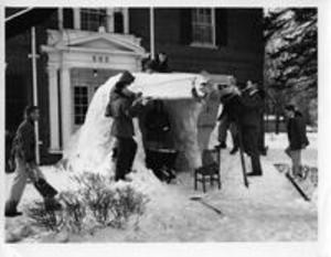 Beta Theta Pi Fraternity Members work on snow sculpture, 1956