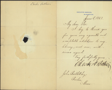 Letter from President Chester Arthur to John Bartlett, 1882 June 9