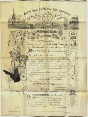 Knight of the Red Cross, Knight Templar, Knight of Malta certificate issued to Robert Herne, 1884 June 28