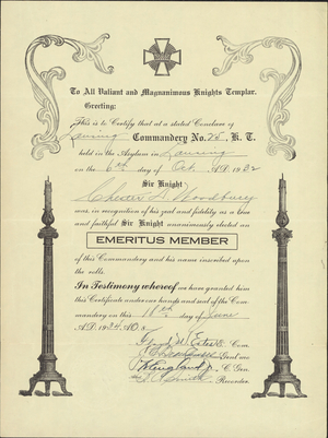 Emeritus membership certificate issued to Chester A. Woodbury, 1932 October 6