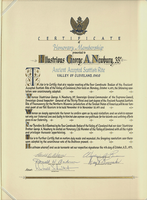 Honorary member certificate issued to George A. Newbury, 1971 October 4