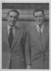 Suffolk University men's hockey team co-captains, Fred MacDonald and Frank Gallagher, 1950