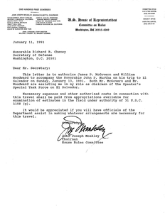Letter from John Joseph Moakley to the Honorable Richard B. Cheney regarding the authorization of James P. McGovern and William Woodward to accompany John P. Murtha on his trip to El Salvador, 11 January 1991