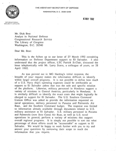 Letter from James R. Lilley, Assistant Secretary of Defense, to Dick Best, Congressional Research Service regarding request for information on Defense Department support to El Salvador, 4 May 1992