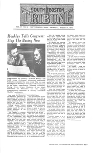 "Moakley tells Congress: Stop the busing now," South Boston Tribune, 14 March 1974