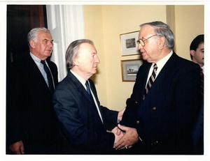 John Joseph Moakley shakes hands with Irish Prime Minister Charles Haughey during a visit to Washington, D.C., 1980s-1990s