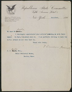 Letter, October 31, 1898, Theodore Roosevelt to James Jeffrey Roche